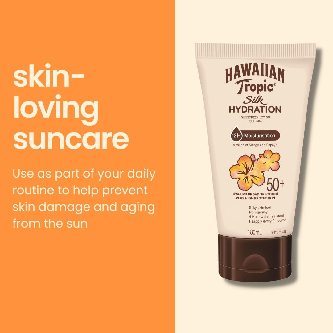 Hawaiian Tropic Silk Hydration Sunscreen Lotion SPF50+ 180ml, 12-Moisture, Non-Greasy, 4-Hour Water Resistant