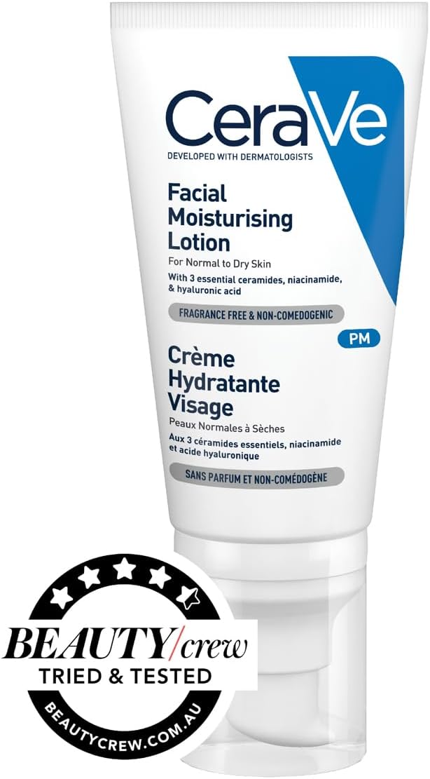 CeraVe Facial Moisturising Lotion PM 52ml, For Normal to Dry Skin, For Daily Use, Hyaluronic Acid + Niacinamide + Ceramides, Lightweight & Non-Greasy, Fragrance Free + Non-Comedogenic + Oil-Free