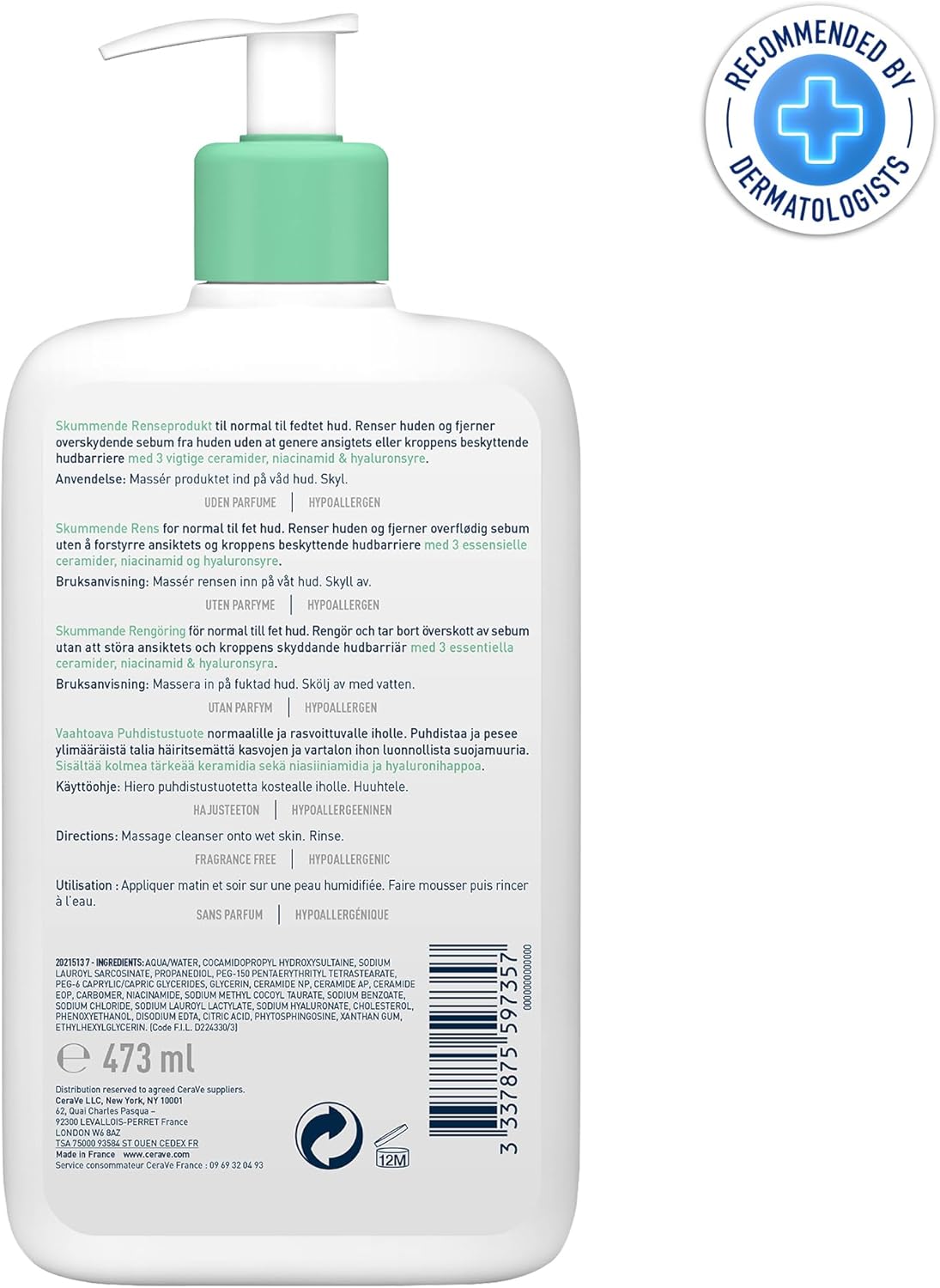 CeraVe Foaming Cleanser Gel Face Wash 236ml, Oil Control For Normal to Oily Skin, Removes Oil & Protects Skin Barrier, For Face + Body, Niacinamide + Ceramides, Fragrance Free