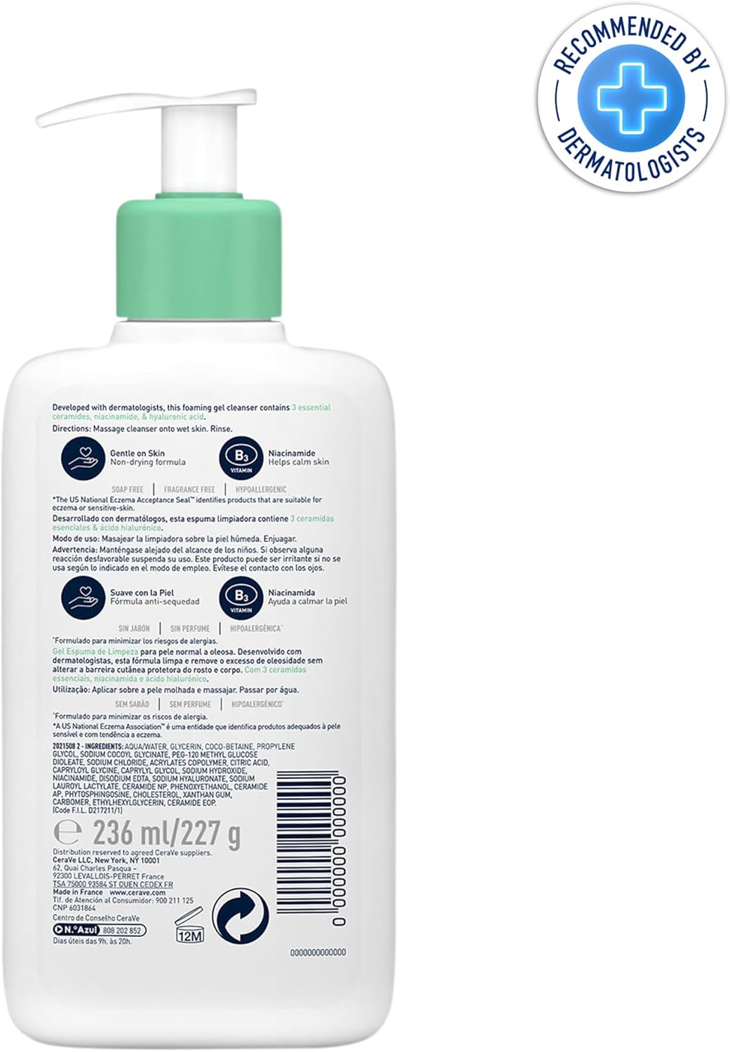 CeraVe Foaming Cleanser Gel Face Wash 236ml, Oil Control For Normal to Oily Skin, Removes Oil & Protects Skin Barrier, For Face + Body, Niacinamide + Ceramides, Fragrance Free
