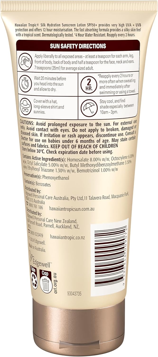 Hawaiian Tropic Silk Hydration Sunscreen Lotion SPF50+ 180ml, 12-Moisture, Non-Greasy, 4-Hour Water Resistant