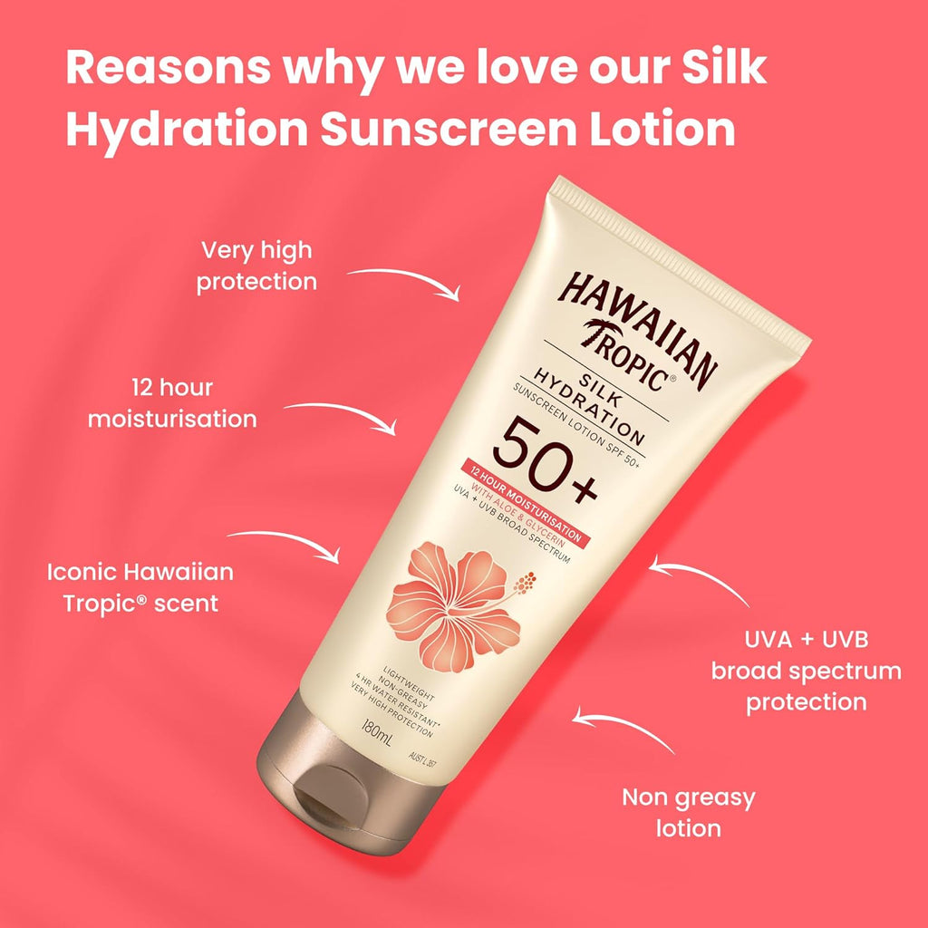 Hawaiian Tropic Silk Hydration Sunscreen Lotion SPF50+ 180ml, 12-Moisture, Non-Greasy, 4-Hour Water Resistant