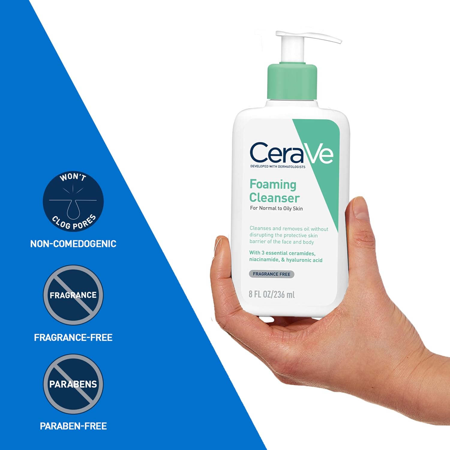 CeraVe Foaming Cleanser Gel Face Wash 236ml, Oil Control For Normal to Oily Skin, Removes Oil & Protects Skin Barrier, For Face + Body, Niacinamide + Ceramides, Fragrance Free