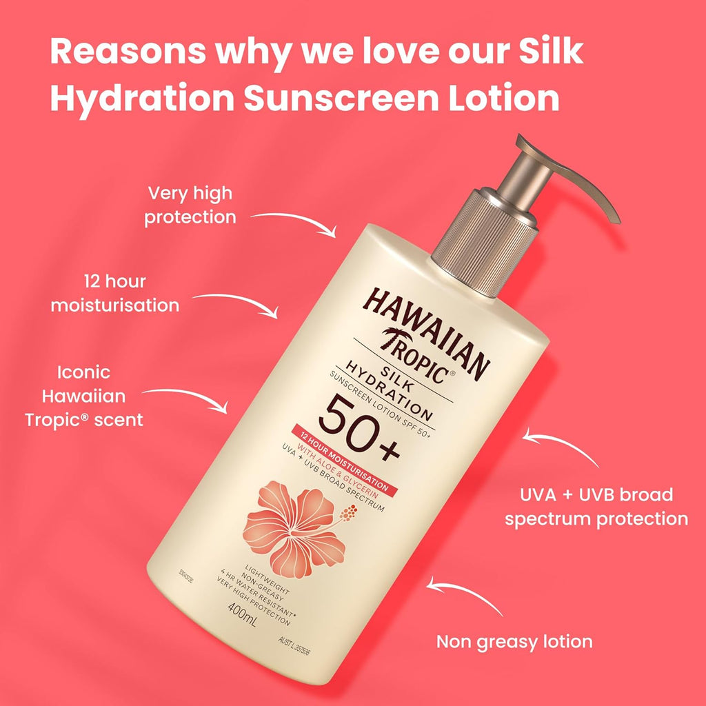 Hawaiian Tropic Silk Hydration Sunscreen Lotion SPF50+ 180ml, 12-Moisture, Non-Greasy, 4-Hour Water Resistant