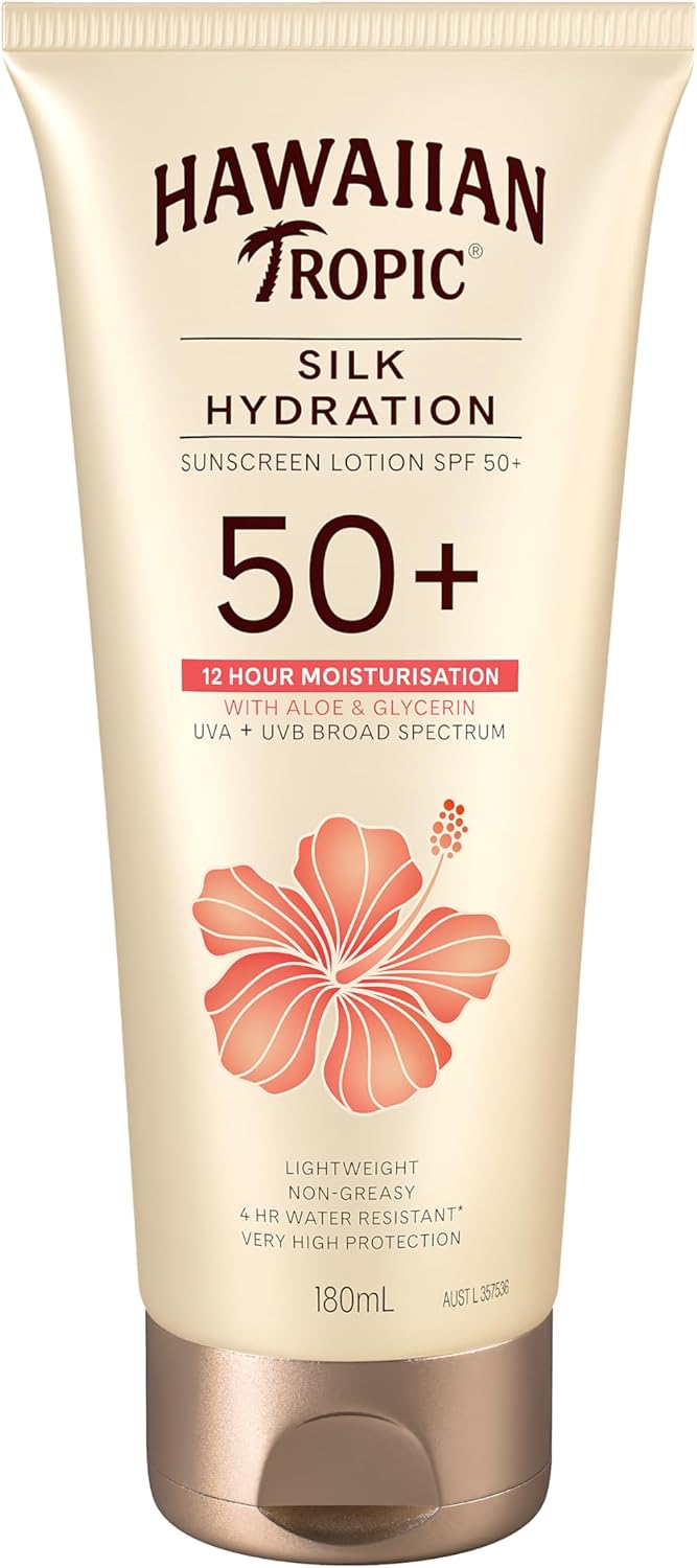 Hawaiian Tropic Silk Hydration Sunscreen Lotion SPF50+ 180ml, 12-Moisture, Non-Greasy, 4-Hour Water Resistant