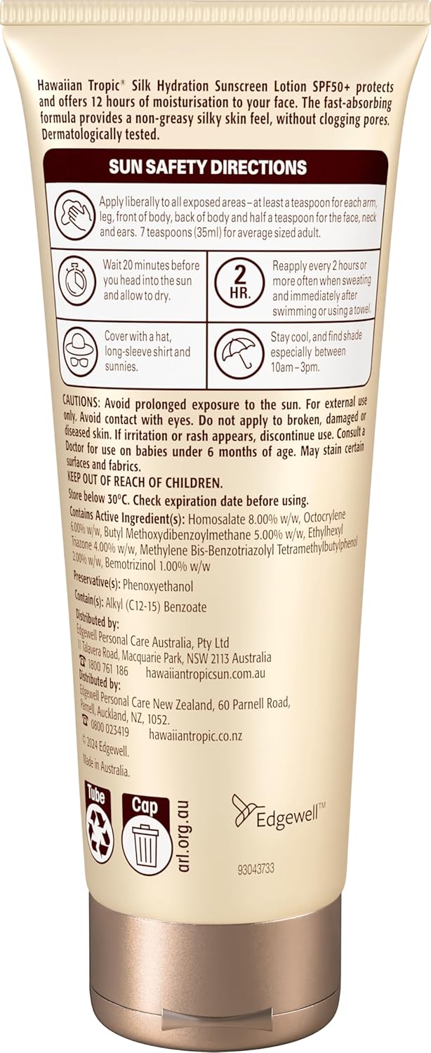 Hawaiian Tropic Silk Hydration Sunscreen Lotion SPF50+ 180ml, 12-Moisture, Non-Greasy, 4-Hour Water Resistant