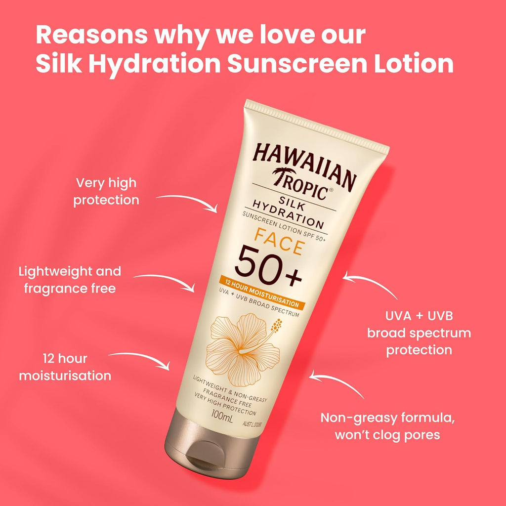 Hawaiian Tropic Silk Hydration Sunscreen Lotion SPF50+ 180ml, 12-Moisture, Non-Greasy, 4-Hour Water Resistant