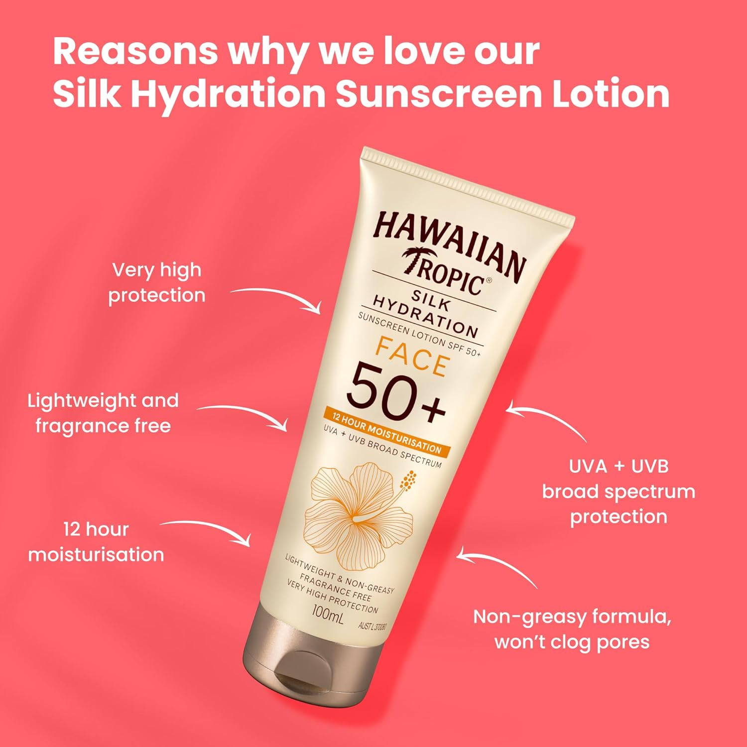 Hawaiian Tropic Silk Hydration Sunscreen Lotion SPF50+ 180ml, 12-Moisture, Non-Greasy, 4-Hour Water Resistant