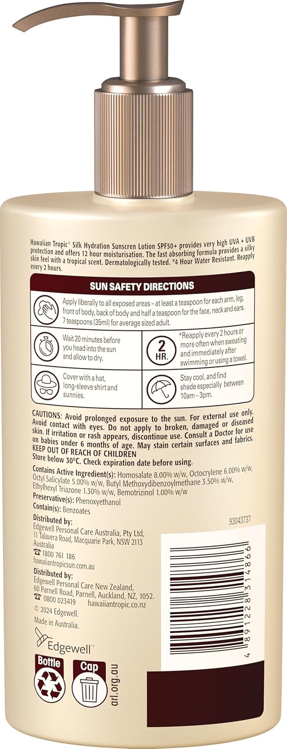 Hawaiian Tropic Silk Hydration Sunscreen Lotion SPF50+ 180ml, 12-Moisture, Non-Greasy, 4-Hour Water Resistant