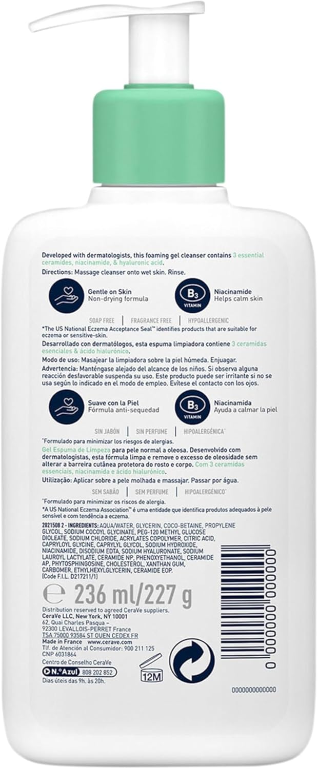 CeraVe Foaming Cleanser Gel Face Wash 236ml, Oil Control For Normal to Oily Skin, Removes Oil & Protects Skin Barrier, For Face + Body, Niacinamide + Ceramides, Fragrance Free