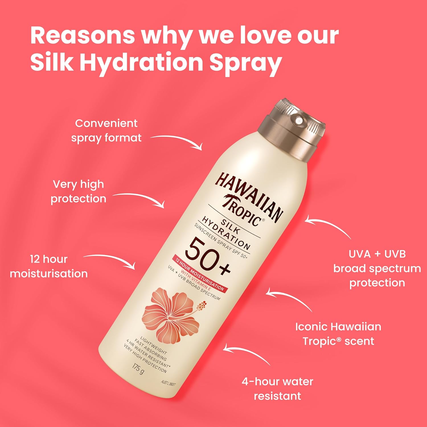 Hawaiian Tropic Silk Hydration Sunscreen Lotion SPF50+ 180ml, 12-Moisture, Non-Greasy, 4-Hour Water Resistant