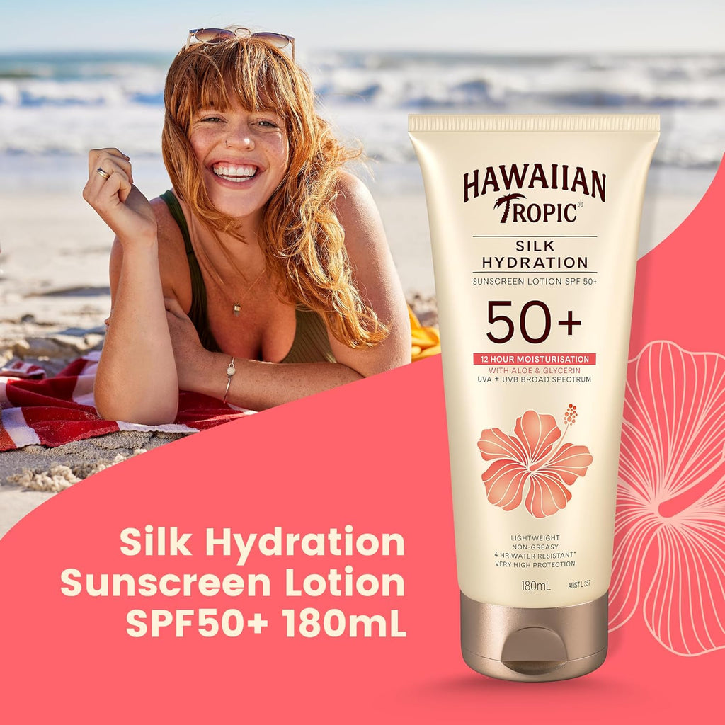 Hawaiian Tropic Silk Hydration Sunscreen Lotion SPF50+ 180ml, 12-Moisture, Non-Greasy, 4-Hour Water Resistant