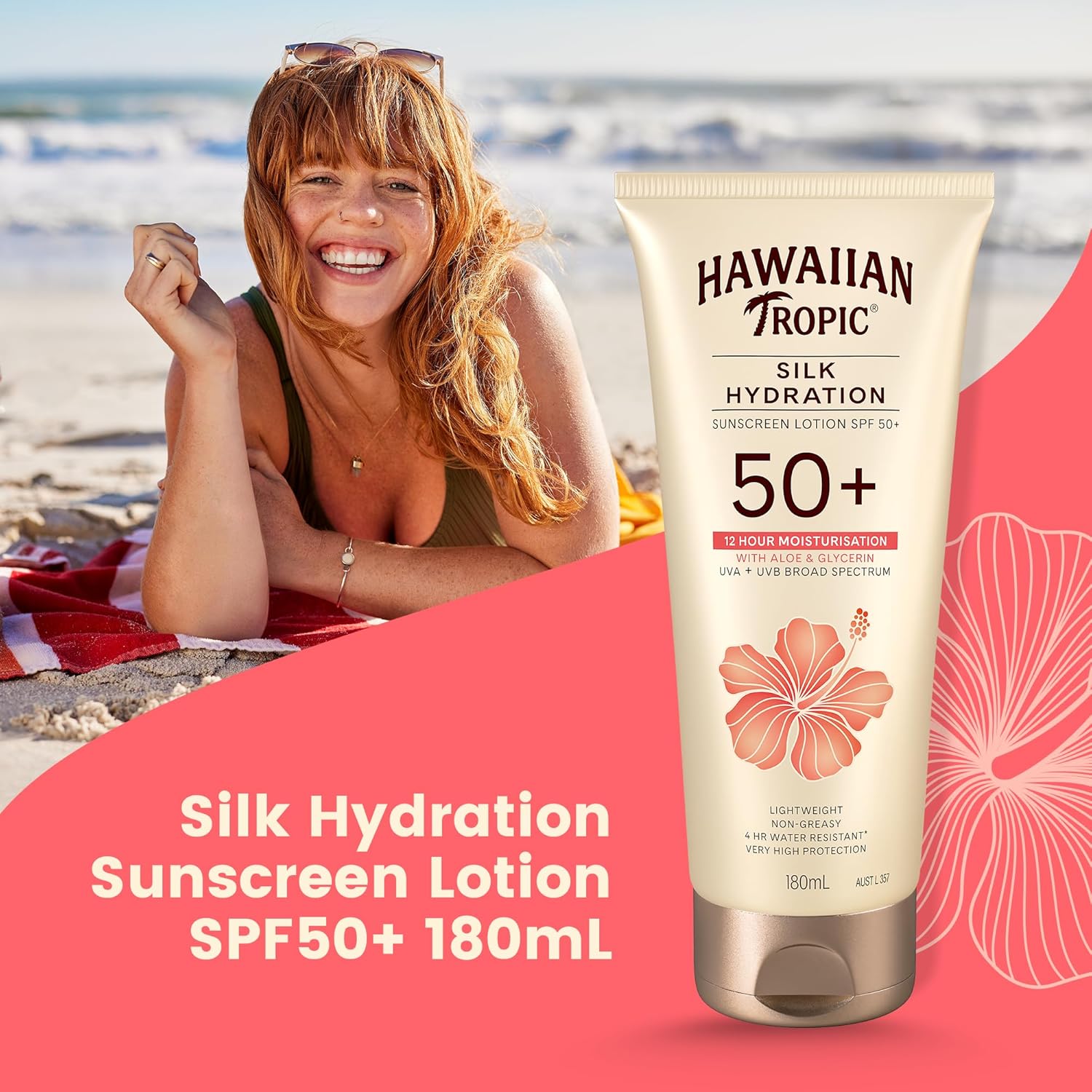 Hawaiian Tropic Silk Hydration Sunscreen Lotion SPF50+ 180ml, 12-Moisture, Non-Greasy, 4-Hour Water Resistant