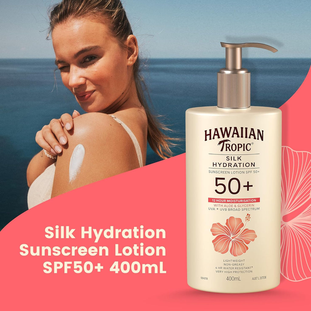 Hawaiian Tropic Silk Hydration Sunscreen Lotion SPF50+ 180ml, 12-Moisture, Non-Greasy, 4-Hour Water Resistant