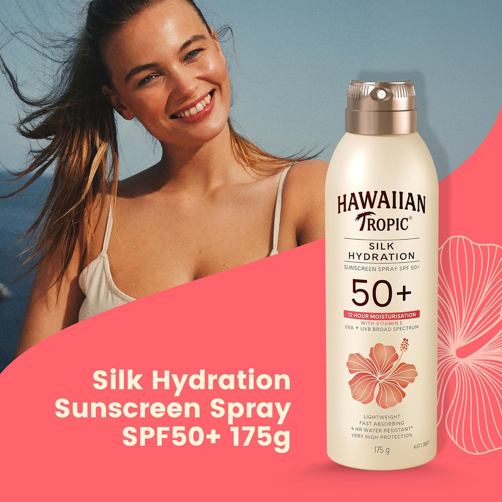 Hawaiian Tropic Silk Hydration Sunscreen Lotion SPF50+ 180ml, 12-Moisture, Non-Greasy, 4-Hour Water Resistant