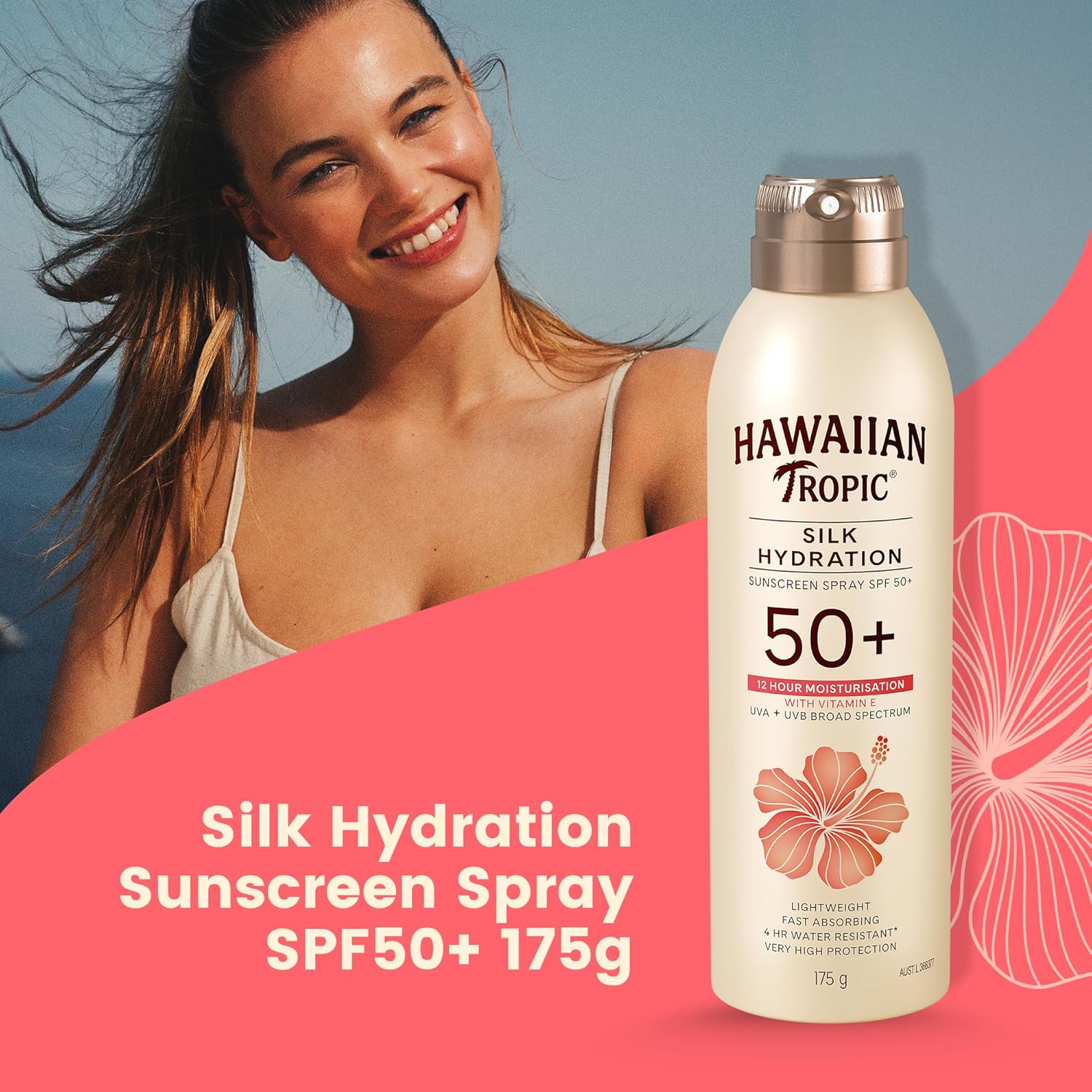 Hawaiian Tropic Silk Hydration Sunscreen Lotion SPF50+ 180ml, 12-Moisture, Non-Greasy, 4-Hour Water Resistant